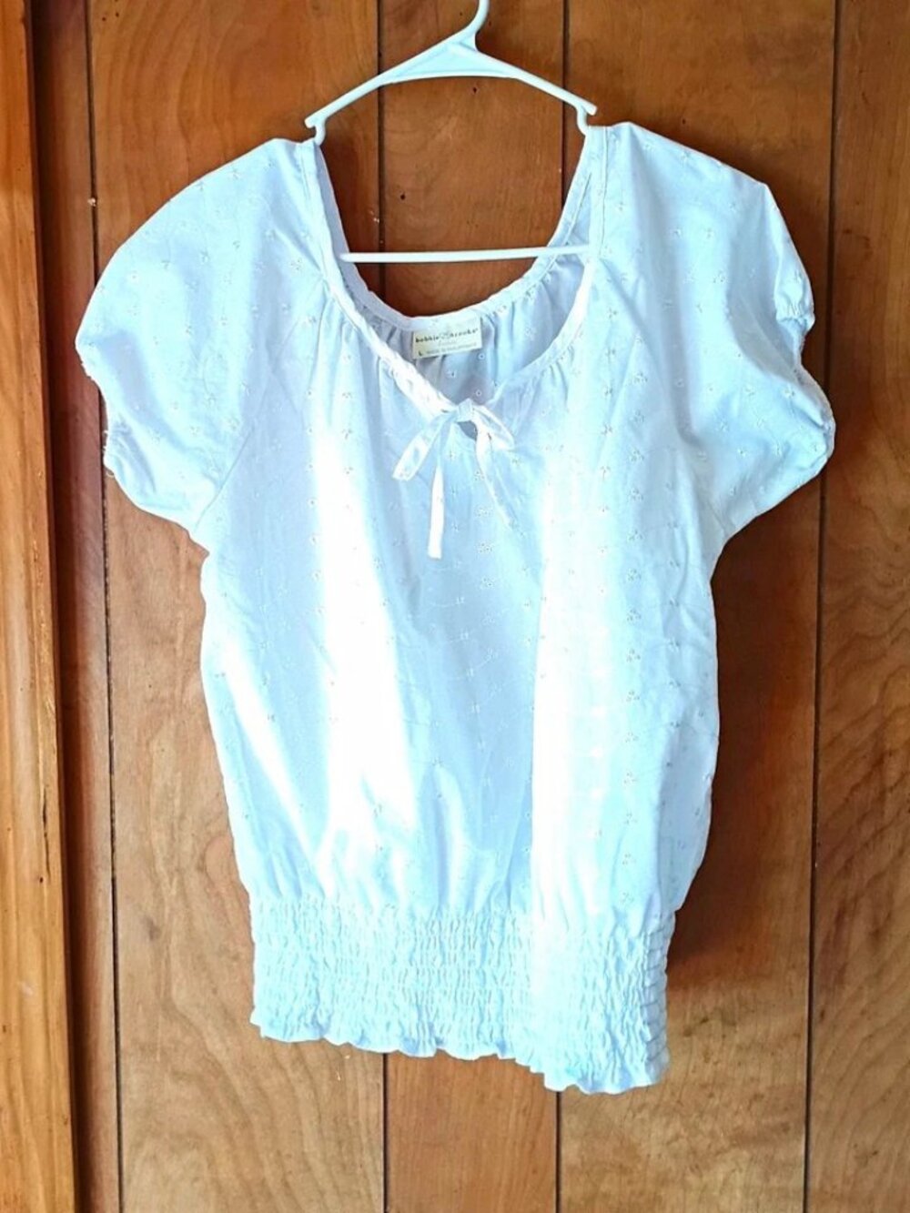 Bobbie Brooks White Eyelet Smocked Hem Puff Short Sleeve Blouse Top Size L